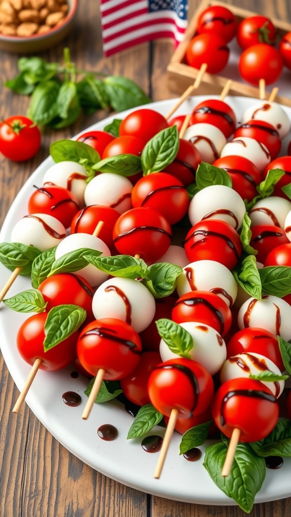 Colorful Caprese skewers with tomatoes, mozzarella, and basil on a platter, garnished with balsamic glaze, and an American flag in the background.